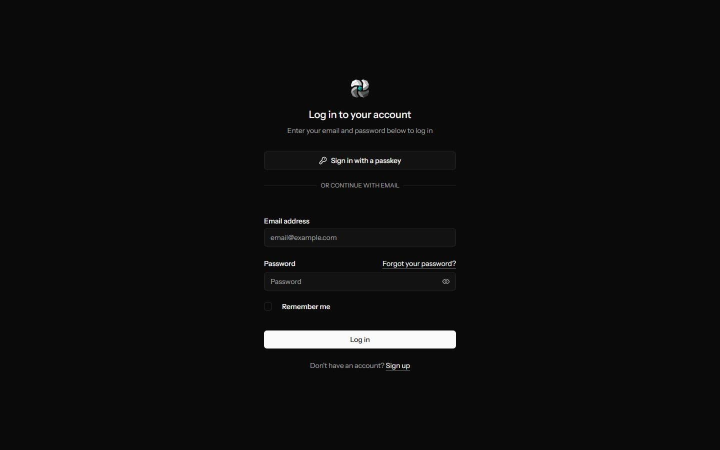 Sign in with a passkey or email and password, with two factors.