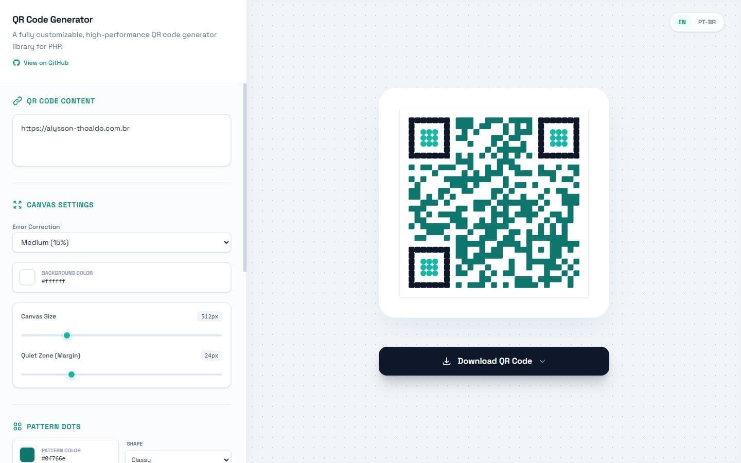 Online generator: every change is rendered by the library on the server.