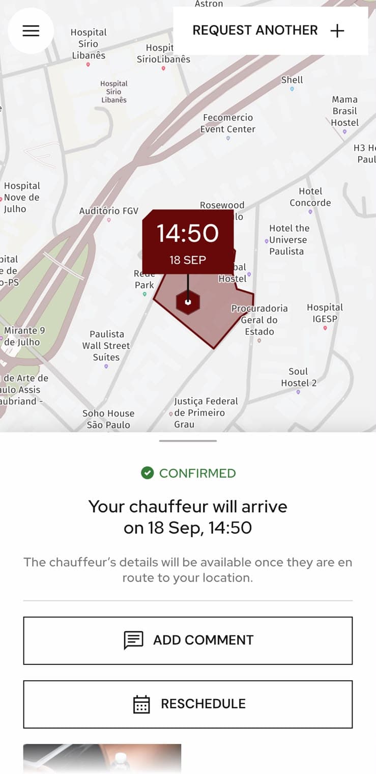 Confirmed ride, with the arrival estimate and the comment and reschedule actions.
